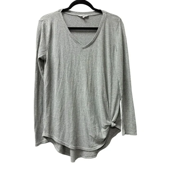 BKE Gray Ribbed V Neck Top L Long Sleeve Soft Casual Layering Tee - Picture 1 of 6